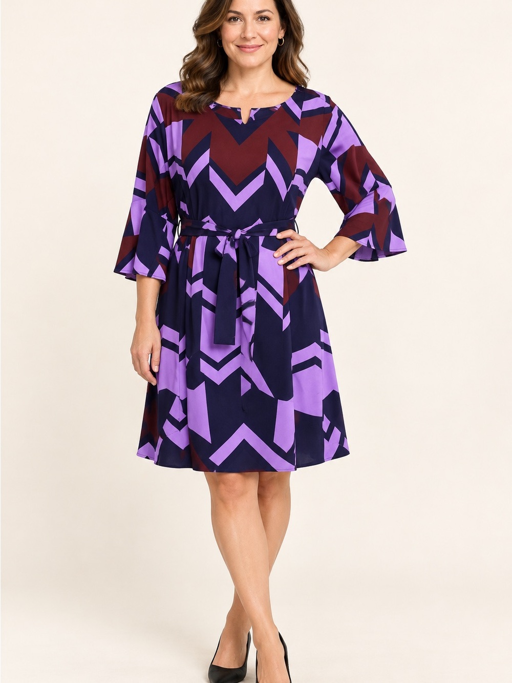 Eloquii Purple and Navy Chevron Belted Midi Dress